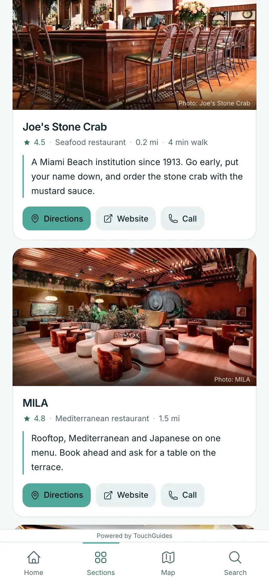 Two recommendation cards in a guest guidebook: a photo, the rating, the walking distance, the host's note and buttons for directions, the website and a phone call