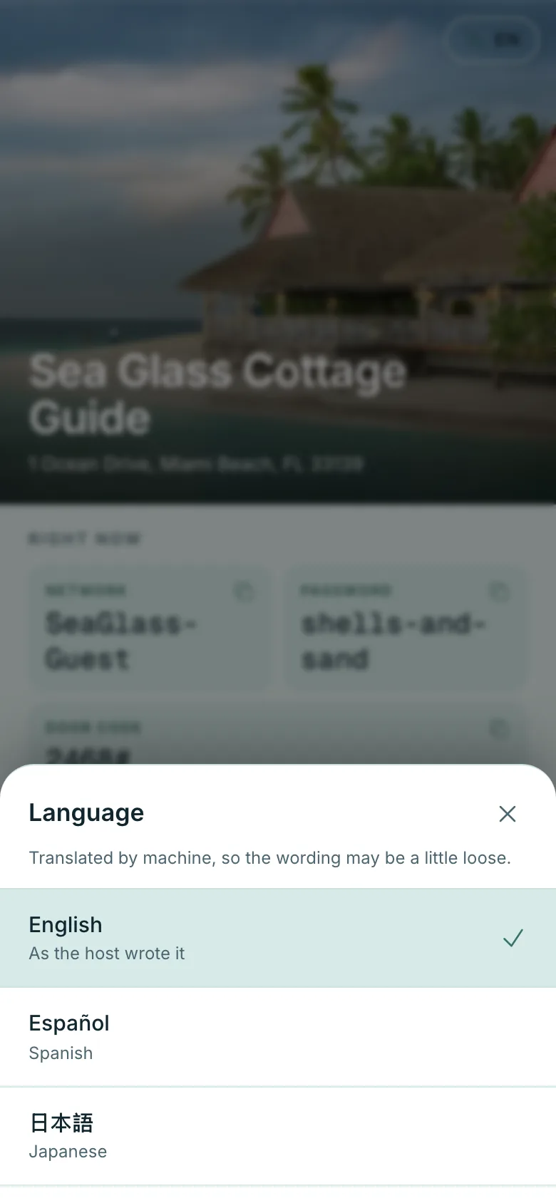 A guidebook with the language sheet open, listing English, Spanish and Japanese for the guest to pick from