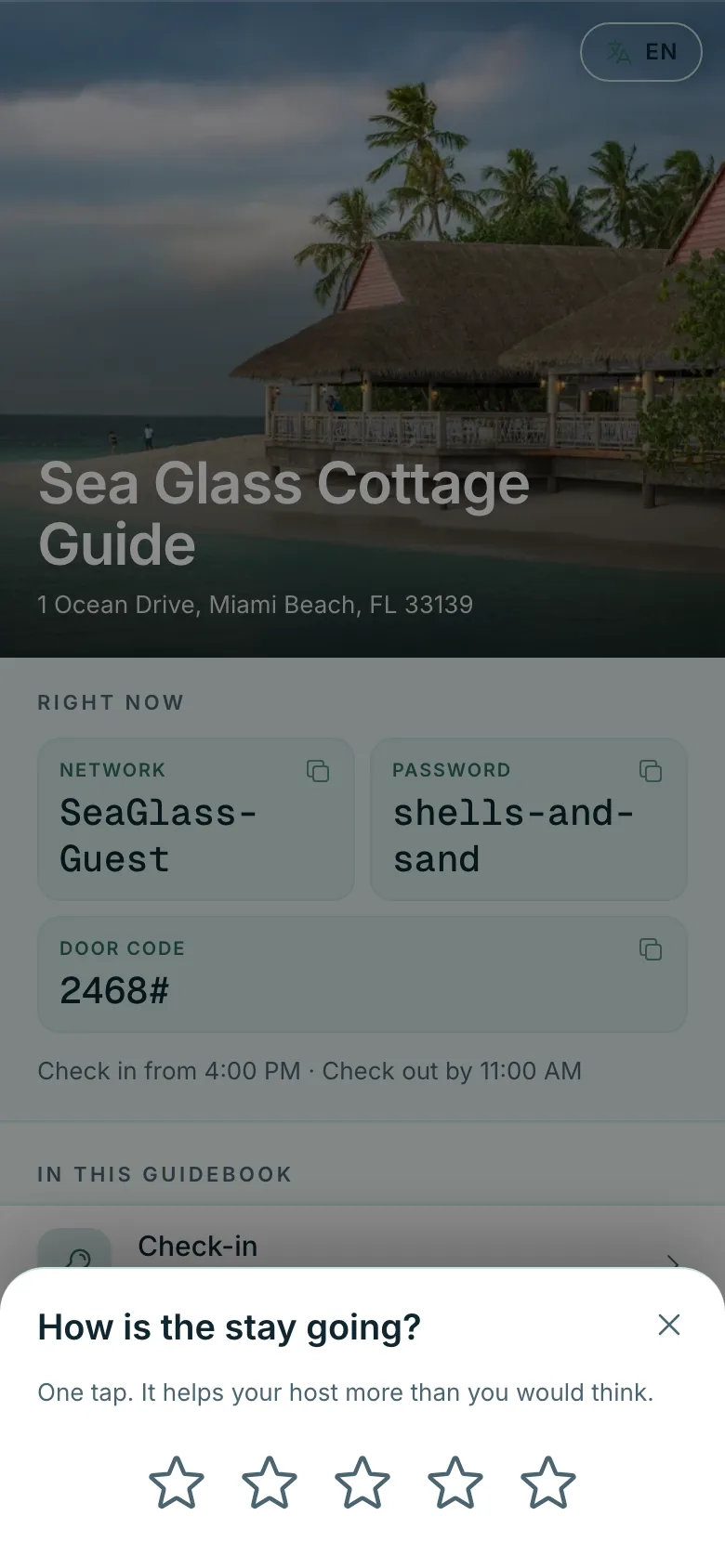 A guidebook asking how the stay is going, with five stars to tap